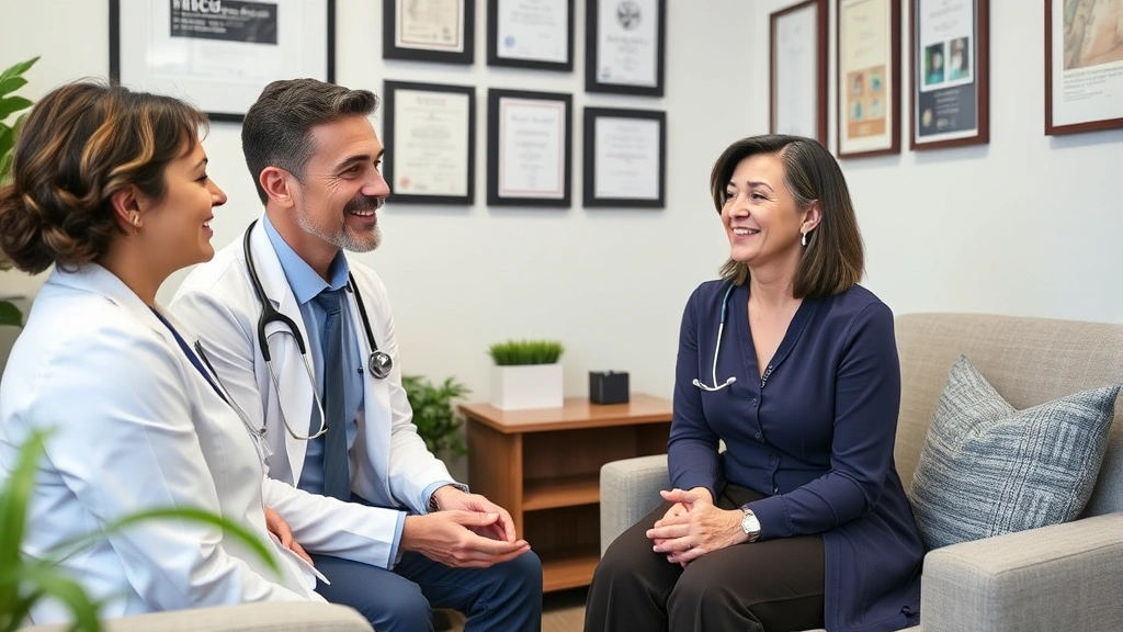 Healthcare professional consulting with patient in private office setting, compassionate conversation, diplomas on wall, welcoming environment, genuine connection moment