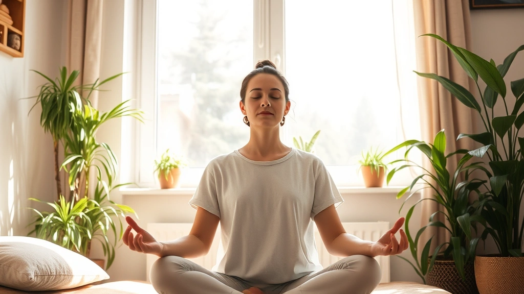 Peaceful person meditating in sunlit room with plants, serene expression, natural light streaming through window, comfortable cushioned seating, warm neutral tones, lifestyle photography