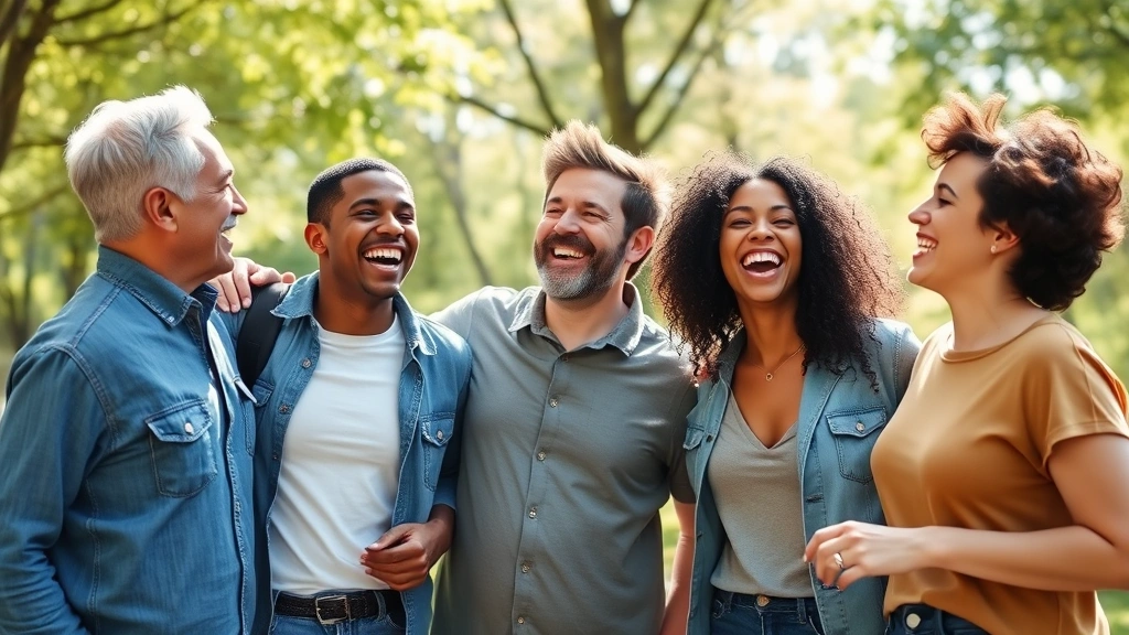 Group of diverse friends laughing together in outdoor park setting, genuine connection, natural sunlight, comfortable casual clothing, green trees background, authentic joy captured