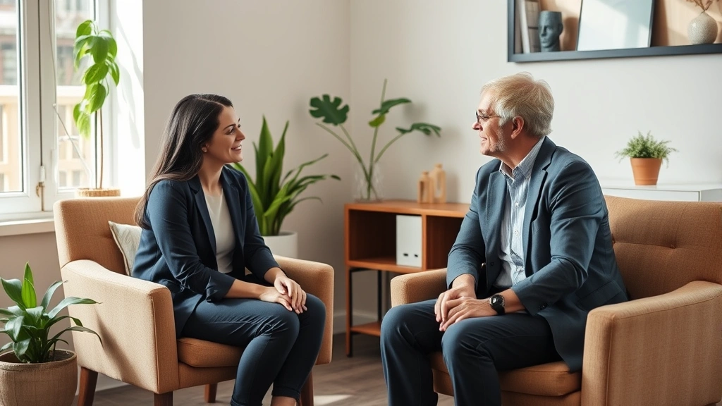 Professional therapist and client in warm counseling office, comfortable seating arrangement, natural lighting, plants visible, open body language, professional yet compassionate environment