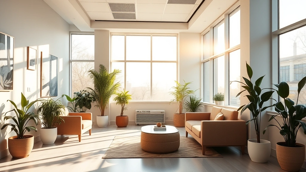 Peaceful sunlit interior of a modern psychiatric facility with comfortable seating, plants, and natural light streaming through large windows creating a calming therapeutic environment for mental health treatment