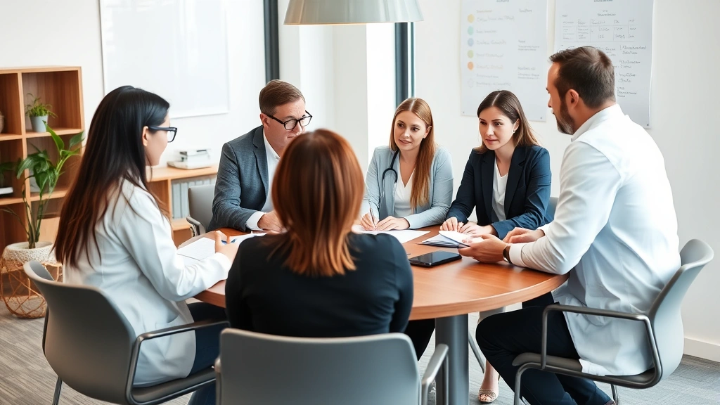 Diverse mental health professionals including psychiatrists, therapists, and counselors collaborating in a clinical setting, reviewing patient charts and discussing treatment plans around a modern conference table