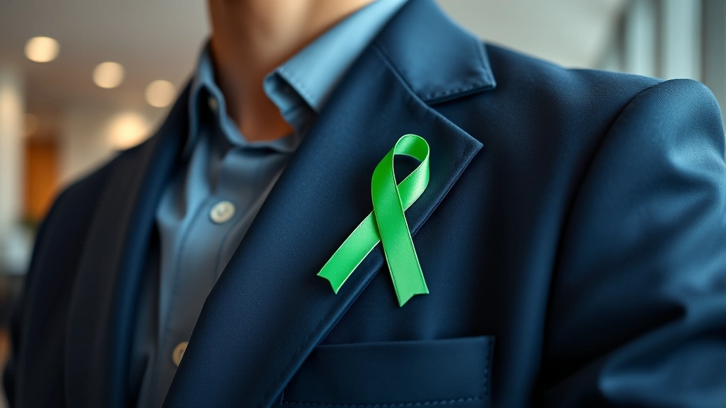 Close-up of vibrant green mental health awareness ribbon pinned to navy blazer, professional office background, natural lighting, shallow depth of field, lifestyle photography