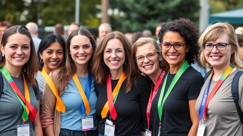 Diverse group of people wearing different colored mental health ribbons at wellness event, outdoor setting, genuine smiles, community atmosphere, authentic candid moment
