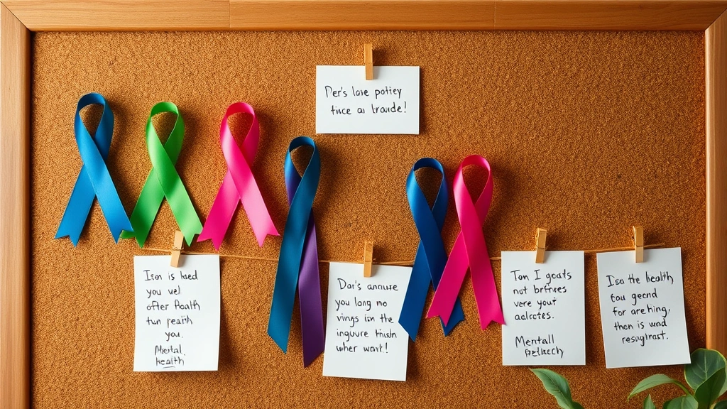 Mental health awareness ribbons displayed on cork board with handwritten notes and inspirational quotes, warm lighting, organized arrangement, personal wellness space