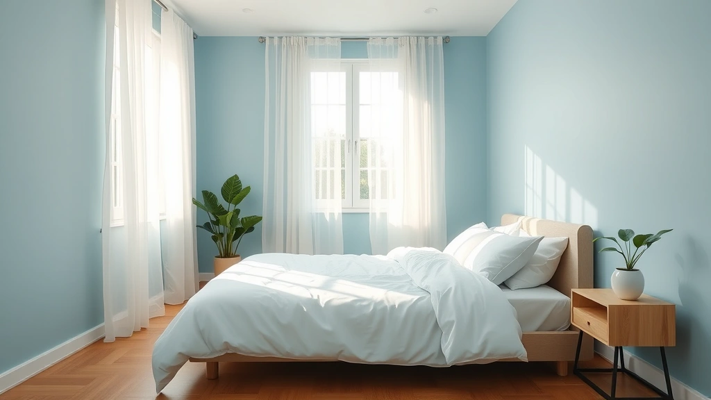 Modern minimalist bedroom with soft blue walls, natural light streaming through sheer curtains, white bedding, potted green plant on nightstand, peaceful morning atmosphere, warm wooden floor, serene and calm