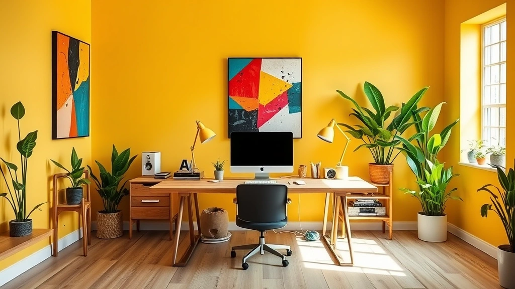 Vibrant creative workspace with soft yellow accent wall, natural wood desk, colorful abstract artwork, green plants in corners, bright natural lighting, inspiring and energizing environment for productivity