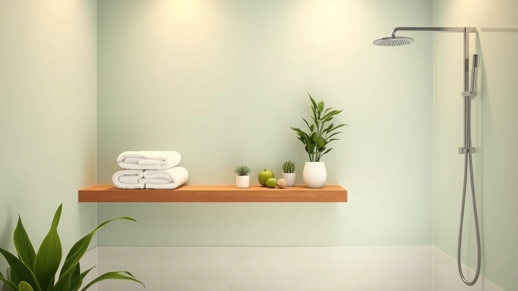 Spa-like bathroom sanctuary with pale green walls, luxury white towels stacked on floating shelf, potted plants, soft warm lighting, rainfall showerhead visible, peaceful relaxing atmosphere, minimal modern design