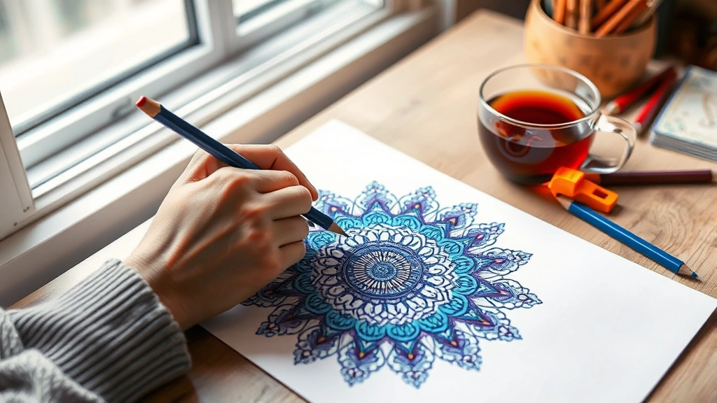 Adult hands holding colored pencils, filling intricate mandala pattern with vibrant blues and purples on thick paper, natural window light, peaceful home workspace with herbal tea nearby
