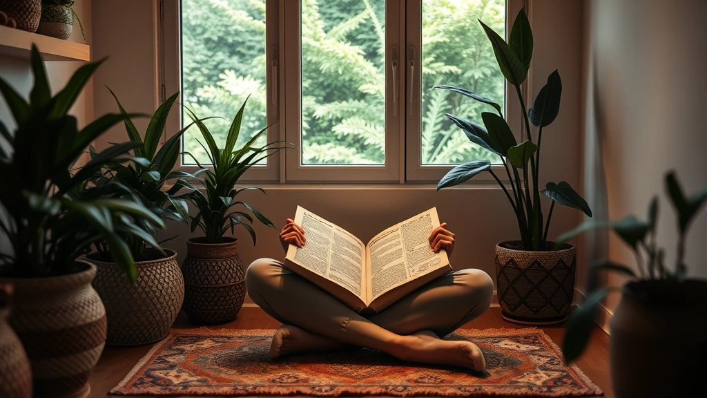 Person sitting cross-legged in cozy reading nook, coloring geometric patterns with soft warm lighting, surrounded by plants, creating peaceful mindful wellness moment