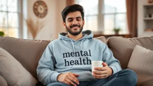 Person wearing soft gray mental health hoodie with positive affirmation text, relaxing on cozy living room couch with warm lighting, holding warm beverage, peaceful expression, natural morning light through windows, lifestyle photography, calm atmosphere