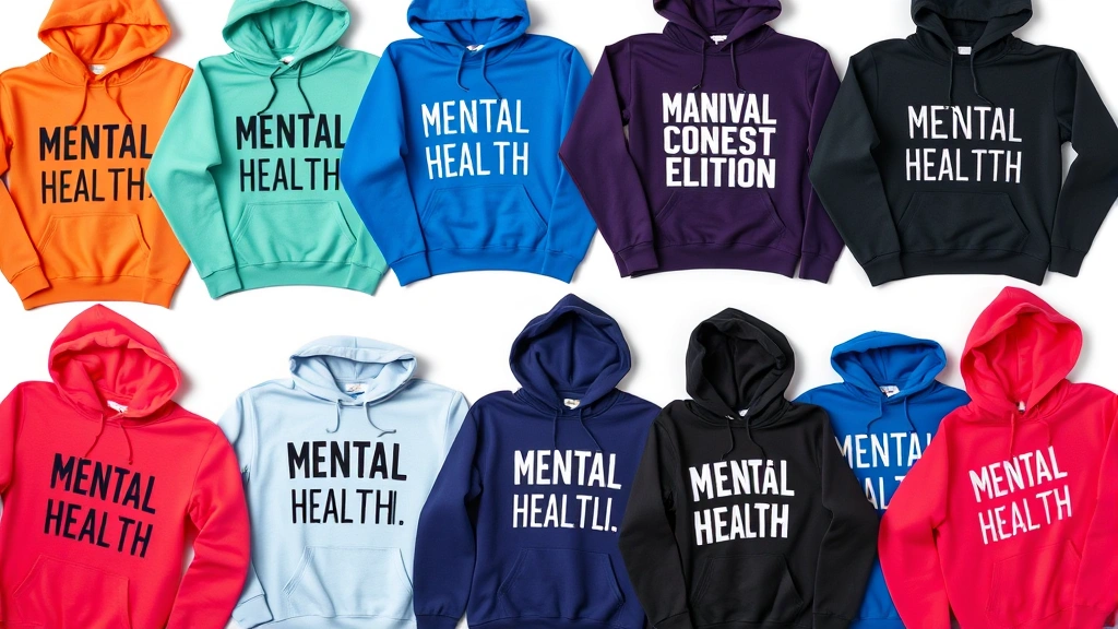 Flat lay of multiple colorful mental health hoodies arranged artfully on white background, showing various designs and messages, mental wellness theme, retail product photography, professional lighting, clean composition