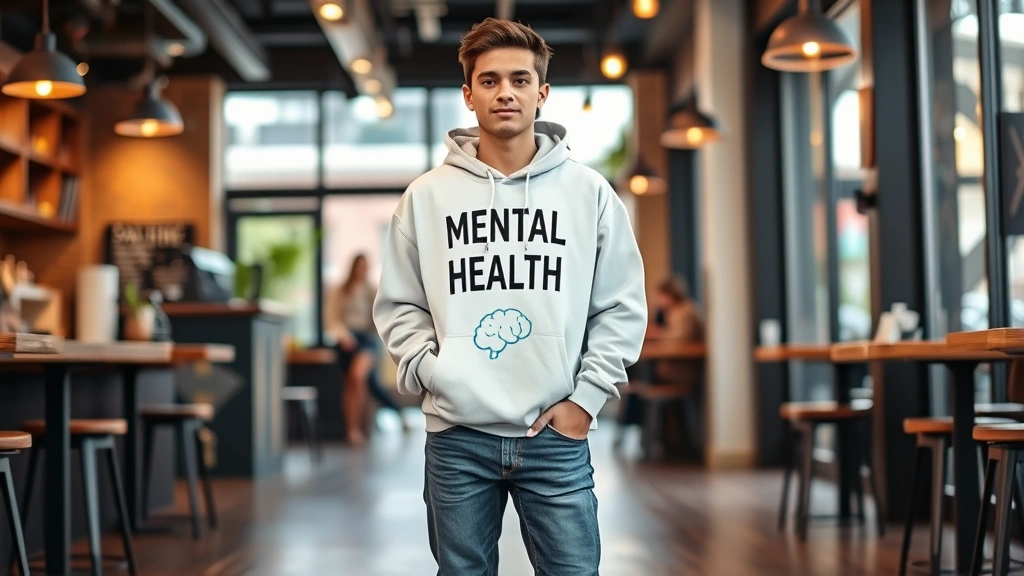 Young adult wearing oversized mental health hoodie styled with jeans and sneakers, standing in urban coffee shop setting, natural confident pose, casual yet intentional styling, warm interior lighting, relatable lifestyle moment