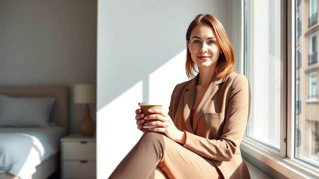 Professional woman sitting peacefully by window with coffee, sunlight streaming in, calm confident expression, modern minimalist bedroom background, wellness lifestyle