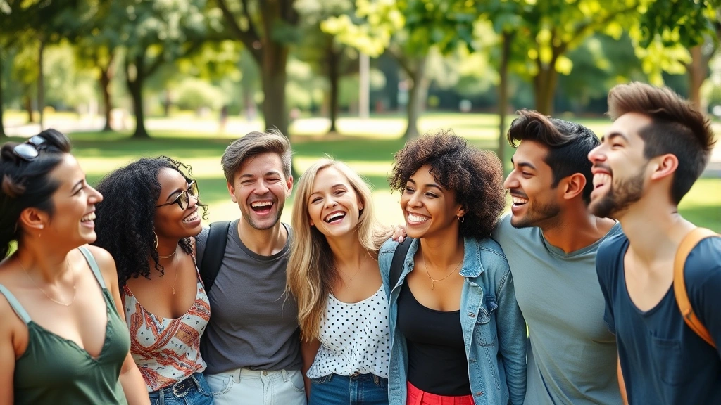 Diverse group of friends laughing together outdoors in park, genuine joy and connection, natural lighting, relaxed body language, summer day, community belonging