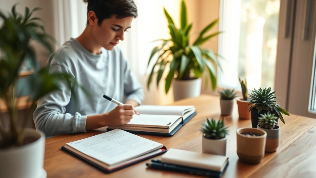 Person journaling at wooden desk with plants, warm lighting, peaceful focused expression, notebook and pen, wellness routine, mindful moment, home sanctuary