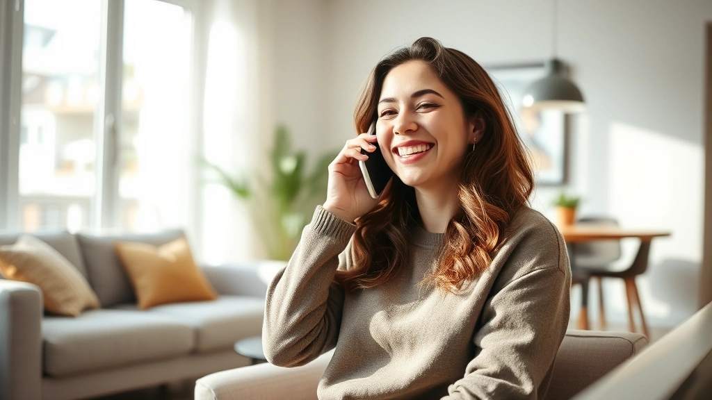 Young woman laughing at phone in bright living room, cozy aesthetic, natural sunlight, relaxed expression, modern apartment setting