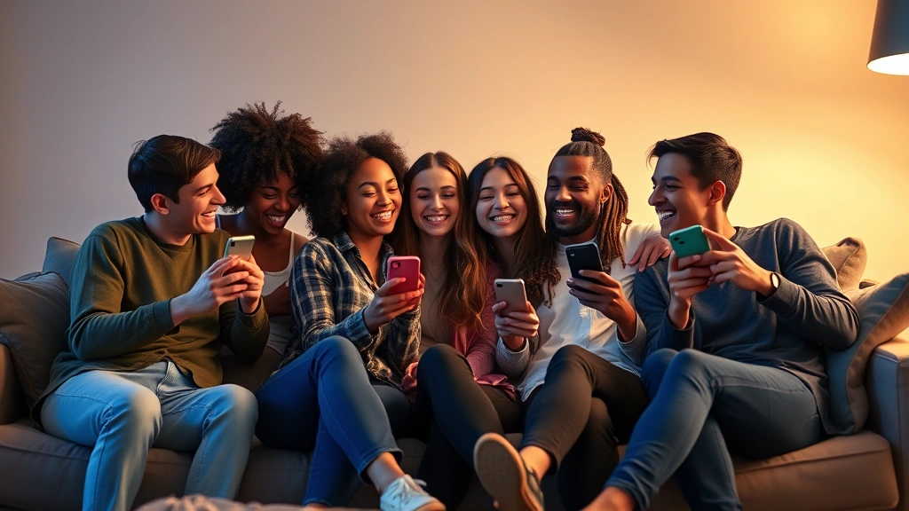 Diverse friend group sharing phones and laughing together on couch, warm lighting, authentic connection, casual comfortable clothing, inclusive representation