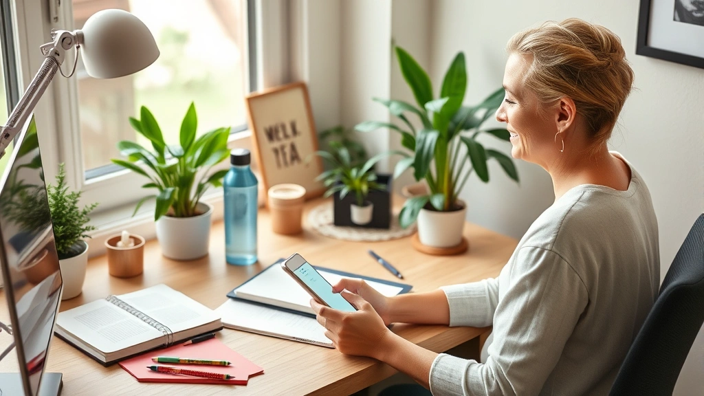 Person at desk with wellness items - journal, water bottle, plants - smiling at phone screen, organized peaceful workspace, natural tones, mindful lifestyle