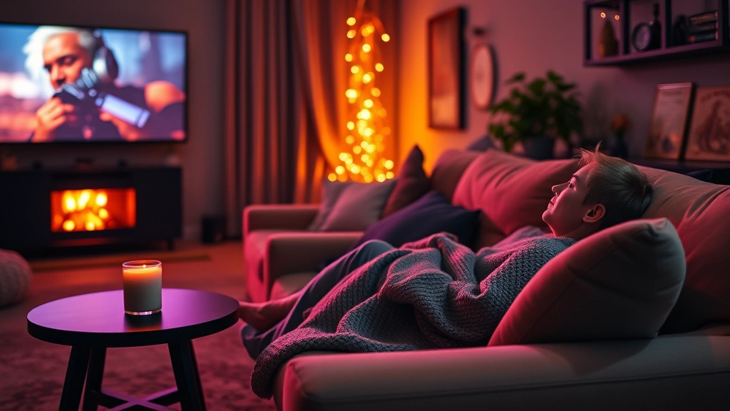 Cozy home theater setup with warm lighting, comfortable seating, hot beverage on side table, peaceful evening atmosphere, person relaxed on couch with blanket