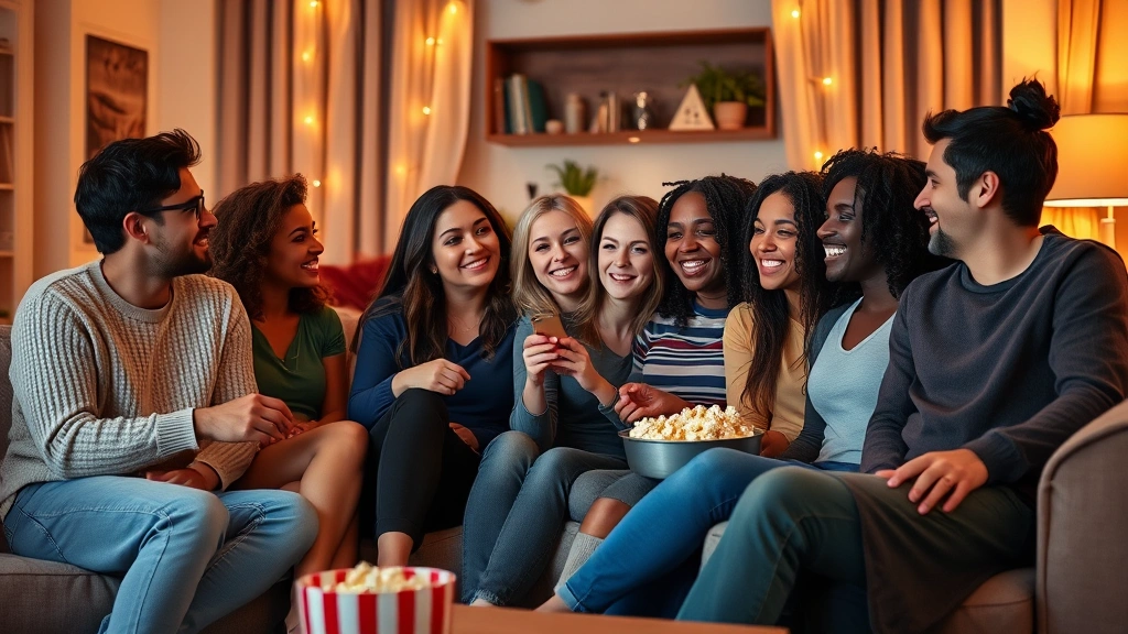 Group of diverse friends gathered for movie night, sitting together on couch, warm ambient lighting, popcorn bowl, genuine connection and conversation, comfortable living room setting