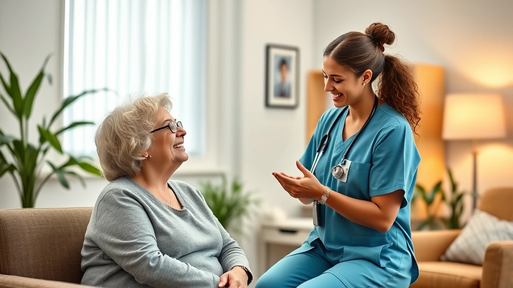 Compassionate mental health nurse in professional attire providing supportive care to patient in peaceful clinical office setting with warm lighting and comfortable furniture