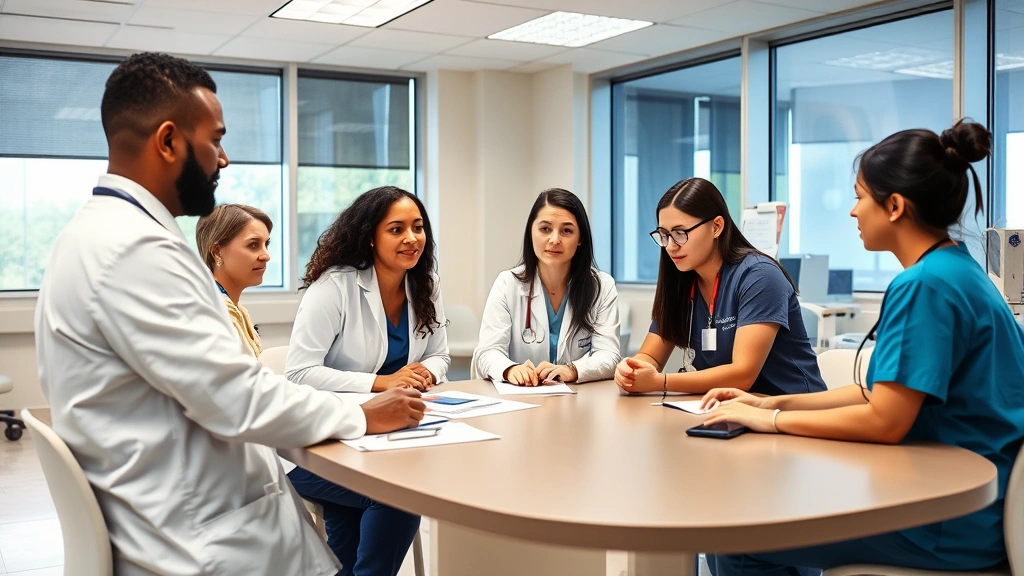 Diverse team of psychiatric nurses collaborating around table during case conference in modern healthcare facility with windows and contemporary medical equipment visible