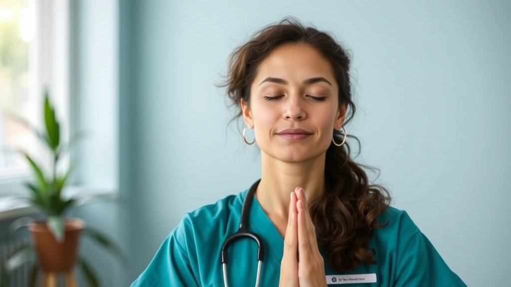 Mental health nurse practicing self-care through meditation or wellness activity, representing burnout prevention and professional wellbeing in healthcare careers