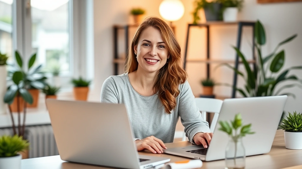 Woman in comfortable home office setting smiling during video therapy call on laptop, warm lighting, modern desk with plants and wellness items visible, relaxed professional atmosphere