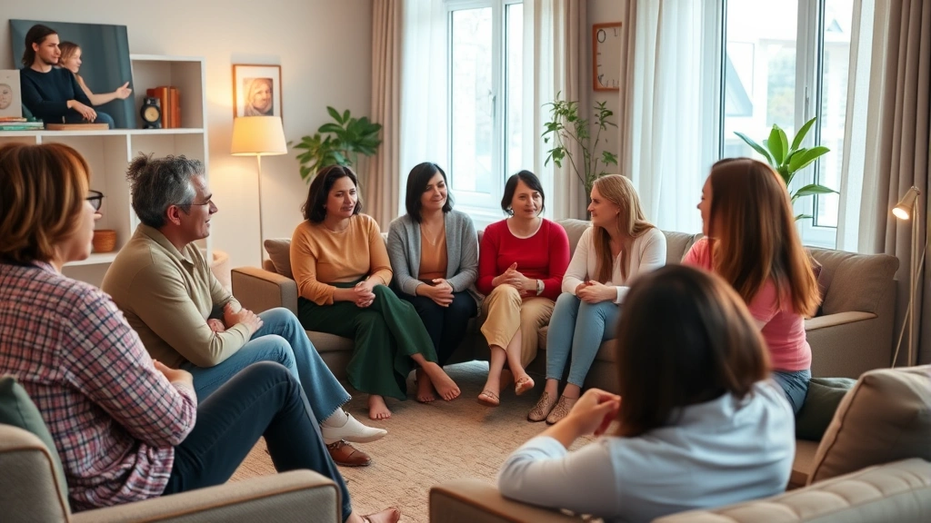 Diverse group of people sitting in supportive circle during community mental health support group meeting, comfortable living room setting, warm lighting, genuine connection and listening