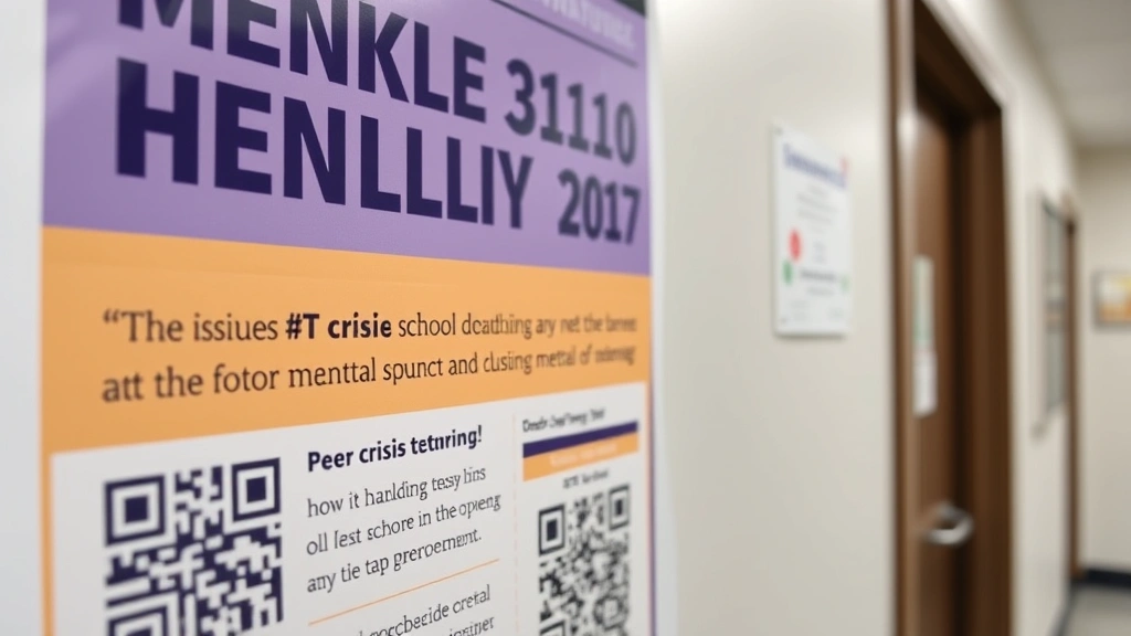 Close-up of well-designed mental health poster with crisis hotline number, peer testimonial, and QR code on school counselor office wall, professional typography