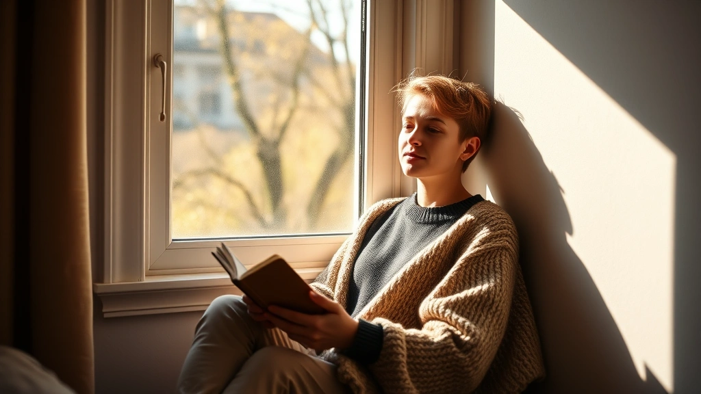Person sitting peacefully by window with morning sunlight, warm blanket, holding journal, serene expression, cozy home interior, natural lighting, mindful moment captured