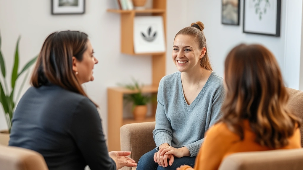 Woman in therapy session smiling with professional counselor, comfortable office setting, trust and connection visible, supportive environment, genuine human interaction moment