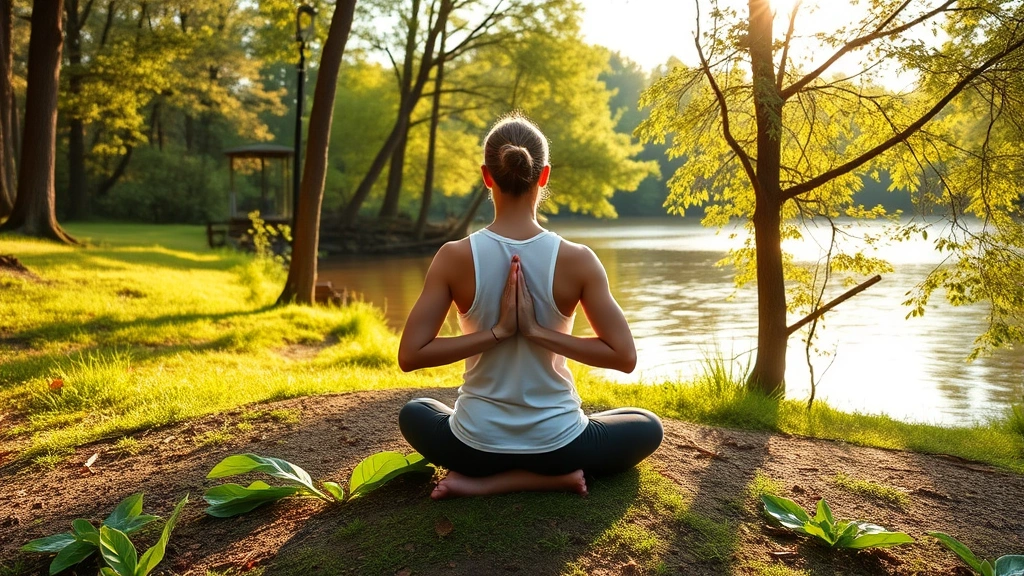 Individual meditating outdoors in nature, surrounded by trees and gentle water, peaceful posture, morning or sunset light, grounding and healing energy, wellness journey