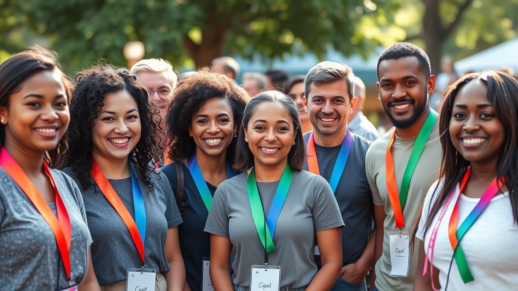 Community event with diverse group wearing colored awareness ribbons, outdoor gathering, natural lighting, people smiling and connecting