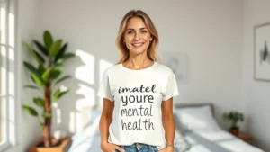 Woman wearing inspirational mental health shirt in natural daylight, smiling confidently, standing in modern minimalist bedroom with plants and wellness items visible, authentic lifestyle photography