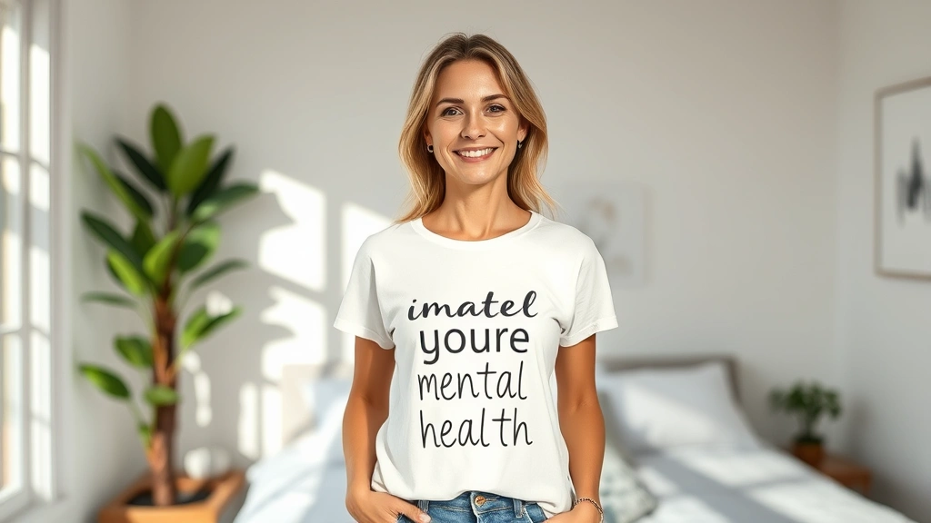 Woman wearing inspirational mental health shirt in natural daylight, smiling confidently, standing in modern minimalist bedroom with plants and wellness items visible, authentic lifestyle photography