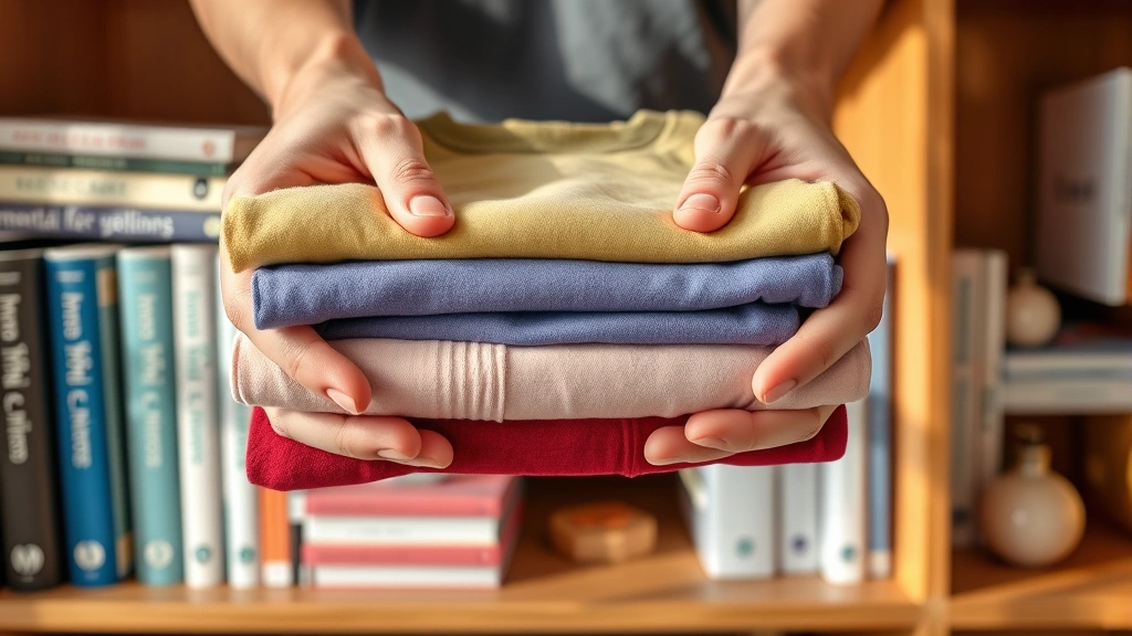 Close-up of hands holding folded mental health awareness shirts in various calming colors, organized on wooden shelf with self-care books and wellness items, warm natural lighting