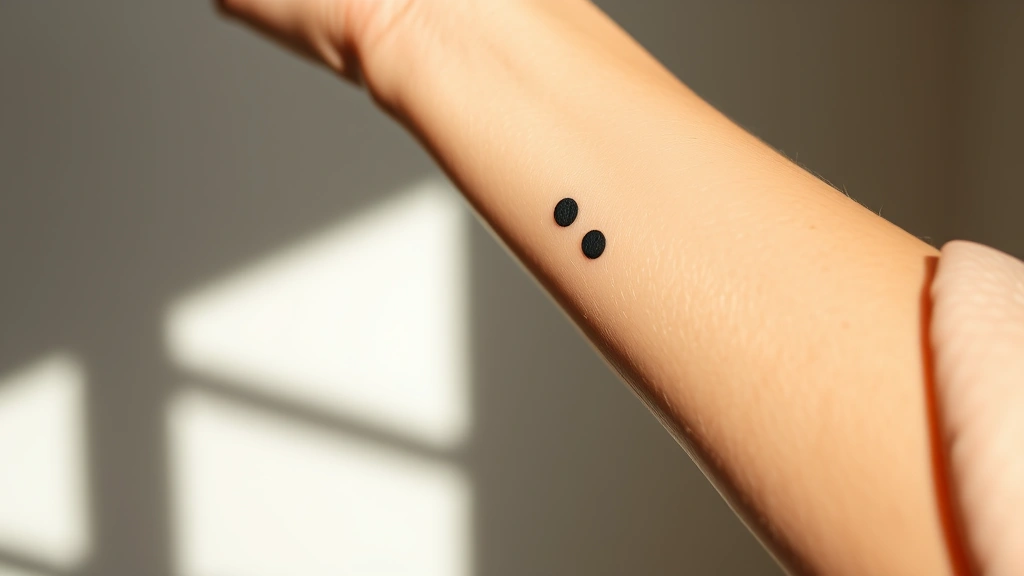 Woman's forearm showing semicolon tattoo in black ink, natural lighting, close-up detail, peaceful expression, minimalist aesthetic, wellness focused