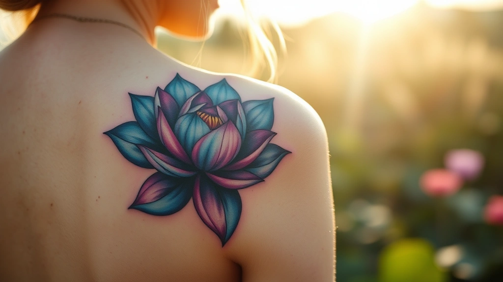 Detailed lotus flower tattoo on shoulder blade, watercolor style with blues and purples, serene setting, natural sunlight, artistic lifestyle photography