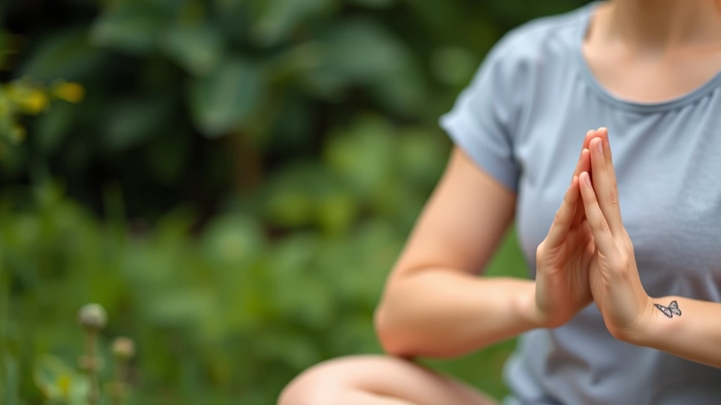 Small butterfly tattoo on wrist with delicate line work, person meditating peacefully, nature background with soft green tones, healing symbolism, lifestyle moment