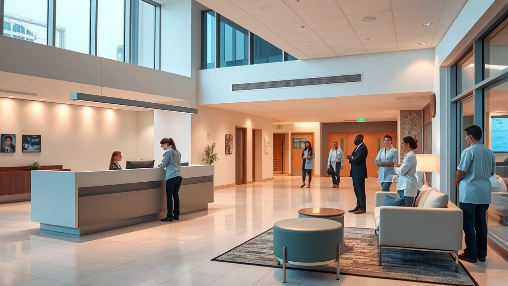 Modern hospital lobby featuring welcoming reception desk, contemporary design, warm lighting, comfortable seating areas, and diverse staff members assisting patients in professional attire