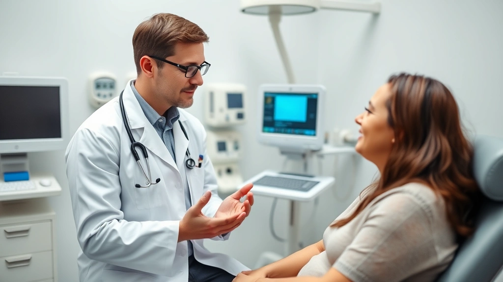 Healthcare provider in white coat consulting with patient in clinical examination room, showing attentive listening, modern medical equipment visible, professional yet compassionate interaction
