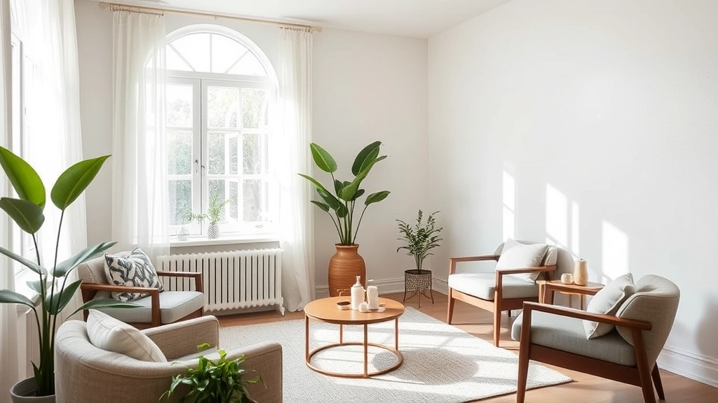 Serene therapy or counseling room with comfortable seating, calming neutral colors, natural window light, plants, and peaceful environment conducive to mental health treatment and healing