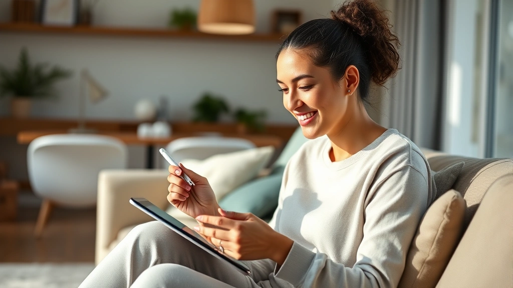 Young professional woman smiling while using tablet on modern living room couch, soft natural lighting, contemporary wellness setting, holding stylus with medical app displayed on screen