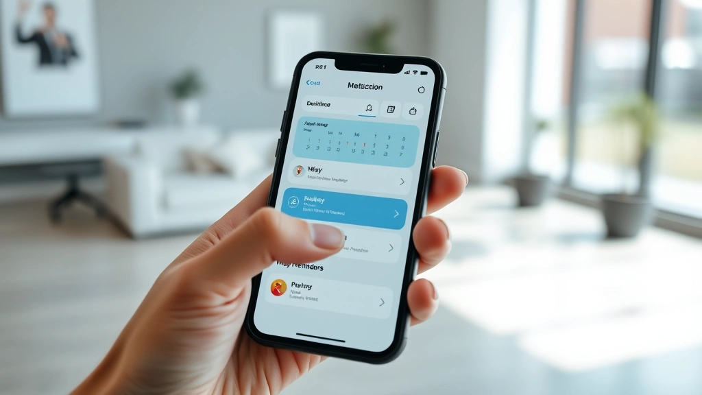 Close-up of hands holding smartphone showing health portal dashboard with appointment calendar and medication reminders, modern minimalist interior background, professional healthcare technology interface