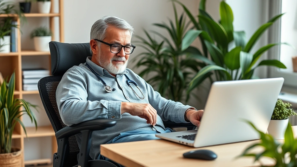 Middle-aged man relaxed on ergonomic desk chair during telemedicine video call on laptop, home office environment with plants, wellness-focused space, genuine healthcare consultation moment
