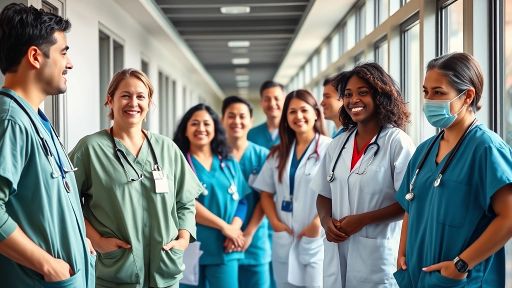 Diverse healthcare professionals in modern hospital corridor, wearing scrubs and stethoscopes, smiling and collaborating, natural lighting, professional urban medical environment