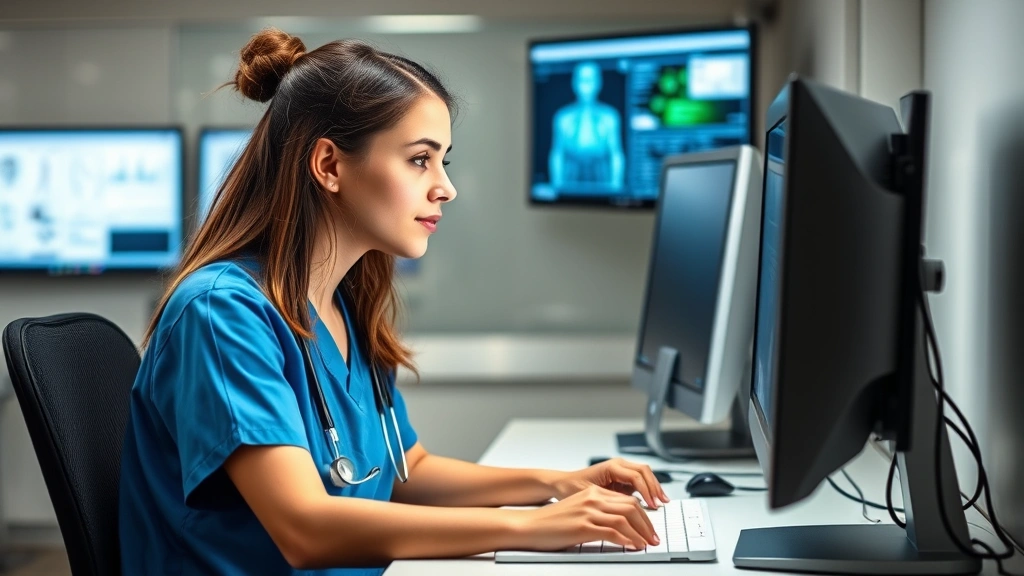 Young nursing student studying medical charts at computer workstation, focused expression, stethoscope nearby, contemporary clinic setting with monitors