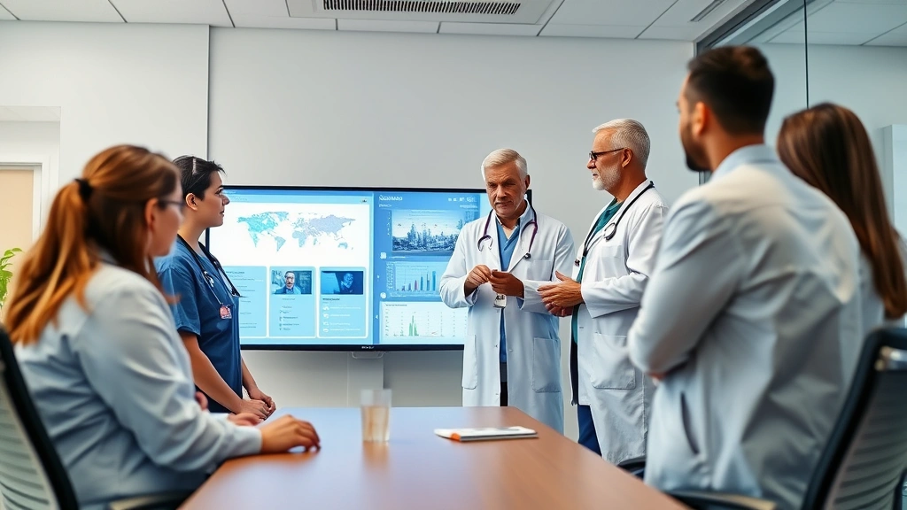 Healthcare team in meeting room discussing patient care, diverse professionals pointing at digital health records display, collaborative atmosphere, modern hospital interior